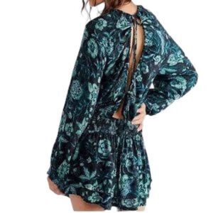 Free People Dance til dawn blue floral open back romper size small